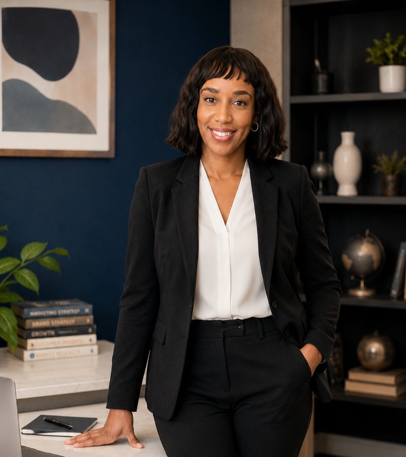 Mellesia Lewis standing in her office, one hand resting on her desk
