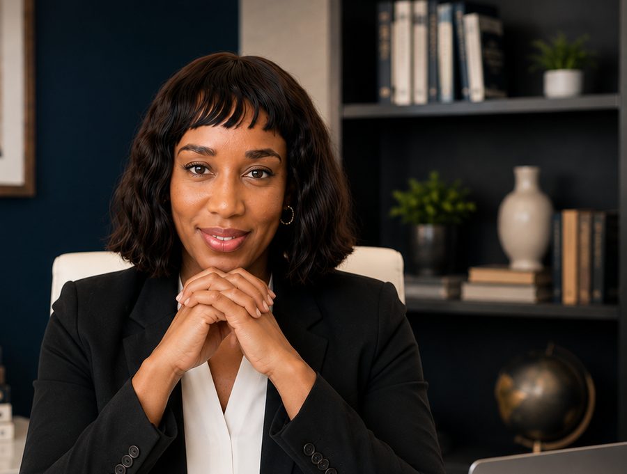 Mellesia Lewis at her desk with hands folded, ready for a conversation