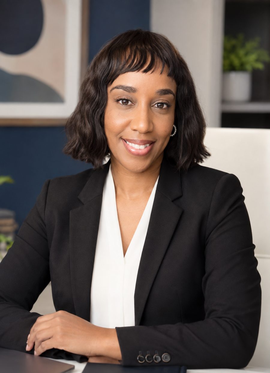 Mellesia Lewis seated at her desk in a black blazer, smiling